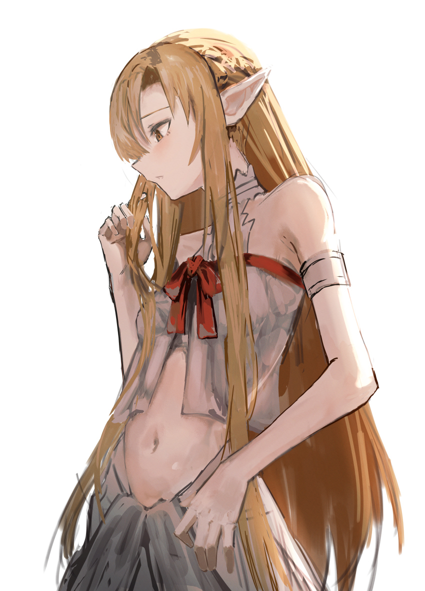 1girl, absurdres, armband, asuna_(sao), bare_shoulders, blonde_hair, bow, bowtie, braid, breasts, brown_eyes, cokei, commentary, cowboy_shot, crop_top, curtained_hair, elf, half_up_braid, highres, long_hair, long_pointy_ears, long_sidelocks, midriff, navel, parted_lips, playing_with_own_hair, pointy_ears, profile, red_bow, red_bowtie, sidelocks, simple_background, skirt, small_breasts, solo, standing, sword_art_online, titania_(sao), very_long_hair, very_long_sidelocks, white_armband, white_background, white_skirt