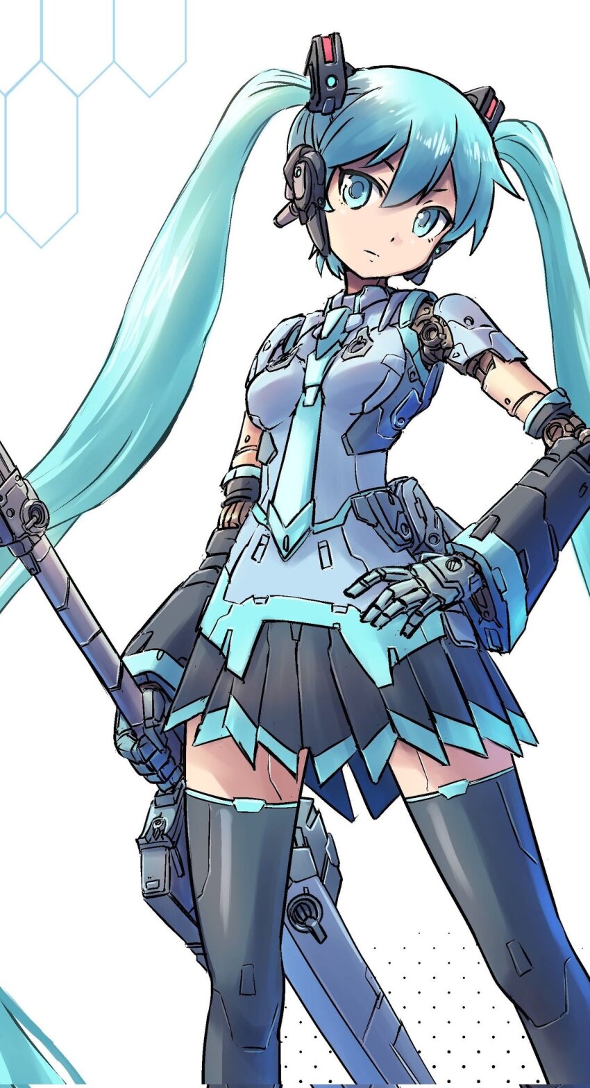 1girl, aqua_eyes, aqua_hair, aqua_necktie, arms_at_sides, black_skirt, closed_mouth, commentary_request, corrupted_twitter_file, cowboy_shot, hair_between_eyes, hand_on_own_hip, hatsune_miku, headphones, highres, holding, holding_sword, holding_weapon, legs_apart, long_hair, looking_at_viewer, mechabare, mechanical_arms, mechanical_hands, mechanical_legs, mechanical_necktie, mechanical_skirt, mechanical_sword, mechanization, miniskirt, necktie, nontraditional_miko, pleated_skirt, skirt, solo, standing, sword, thighhighs, tsune_(dreamers_express), twintails, very_long_hair, vocaloid, weapon, white_background, zettai_ryouiki