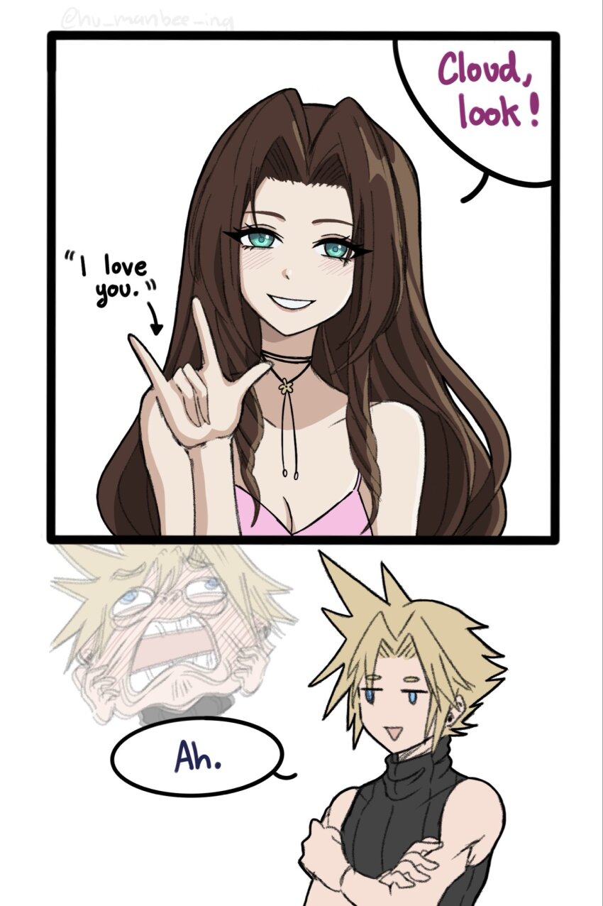 1boy, 1girl, aerith_gainsborough, bare_shoulders, black_shirt, blonde_hair, blush, breasts