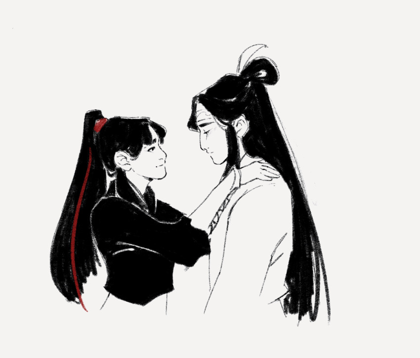 2boys, alifreeart, animated, animated_gif, black_hair, black_shirt, chinese_clothes, closed_eyes, closed_mouth, commentary, couple, english_commentary, eye_contact, from_side, hair_bun, hair_ribbon, hanfu, headband, heart, high_ponytail, hug, kiss, lan_wangji, long_hair, long_sleeves, looking_at_another, male_focus, modao_zushi, monochrome, multiple_boys, ponytail, red_ribbon, ribbon, shirt, sidelocks, simple_background, single_hair_bun, smile, spot_color, topknot, upper_body, very_long_hair, wei_wuxian, white_background, white_hanfu, white_headband, xiao_guan_(headdress), yaoi