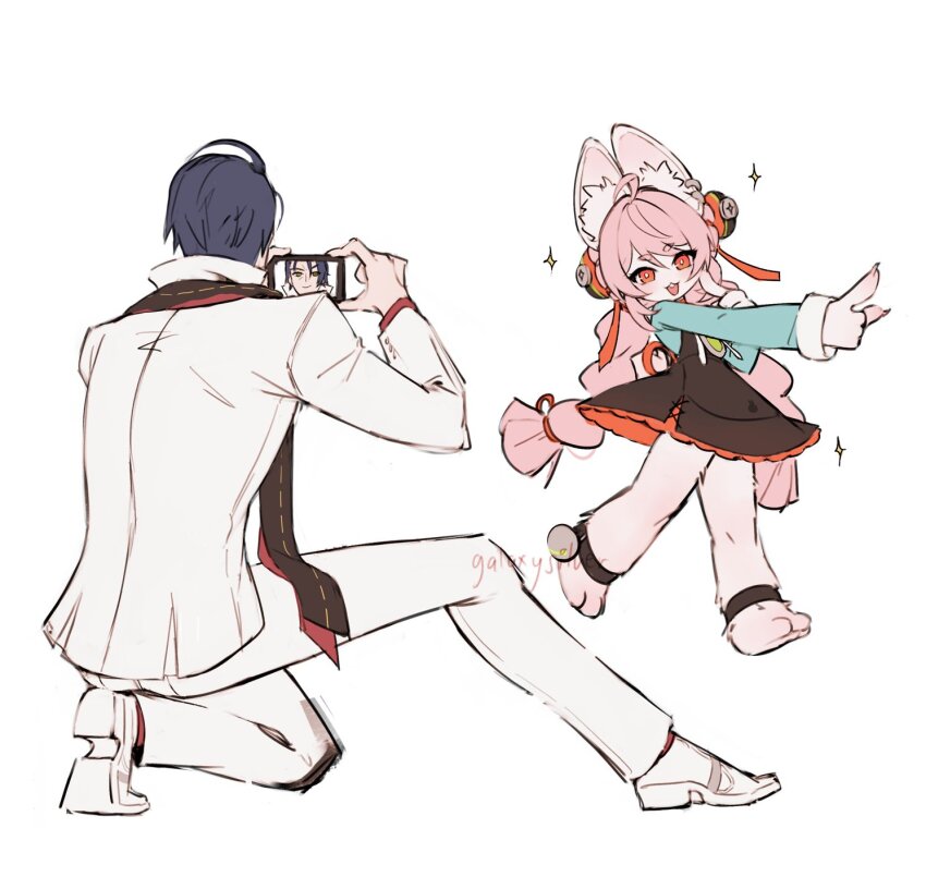 1boy, 1girl, ahoge, animal_ear_fluff, animal_ear_piercing, animal_ears, animal_feet, anklet, artist_name, blue_hair, braid, braided_twintails, bright_pupils, damian_blackwood, formal_clothes, full_body, furry, furry_female, galaxysilver, green_shirt, highres, holding, holding_phone, jewelry, long_hair, on_one_knee, open_mouth, phone, pink_fur, pink_hair, rabbit_ears, rabbit_girl, red_eyes, screw, selfie, shirt, shoes, short_eyebrows, short_hair, simple_background, sparkle, suit, thick_eyebrows, white_background, white_pupils, white_shoes, white_suit, zenless_zone_zero, zhao_(zenless_zone_zero)
