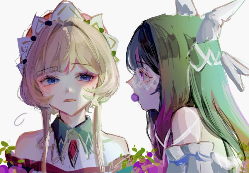 2girls, bare_shoulders, black_hair, blue_eyes, brown_hair, columbina_(genshin_impact), commentary_request, detached_collar