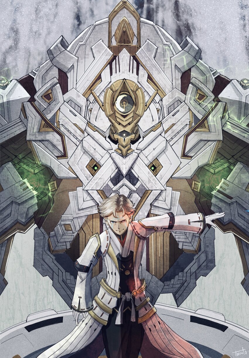 absurdres, black_pants, closed_mouth, coat, commentary, ferronis_(xenoblade), glowing_markings, grey_hair