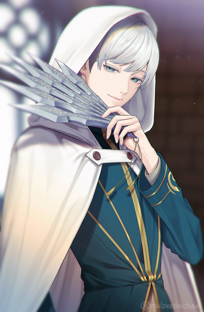 1boy, absurdres, blue_eyes, blurry, blurry_background, cape, closed_mouth, commentary_request