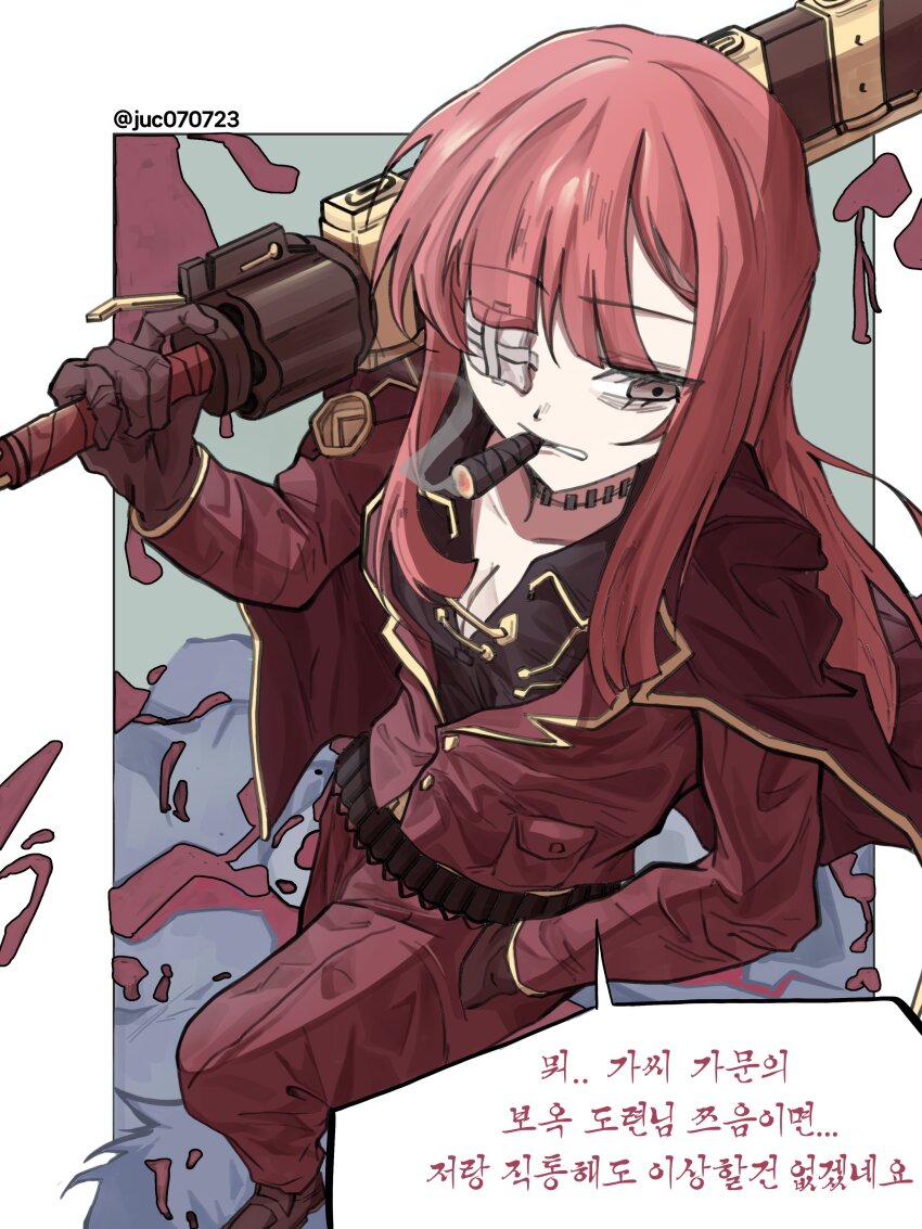 1girl, absurdres, brown_gloves, brown_shoes, cigar, clenched_teeth, coat, coat_on_shoulders