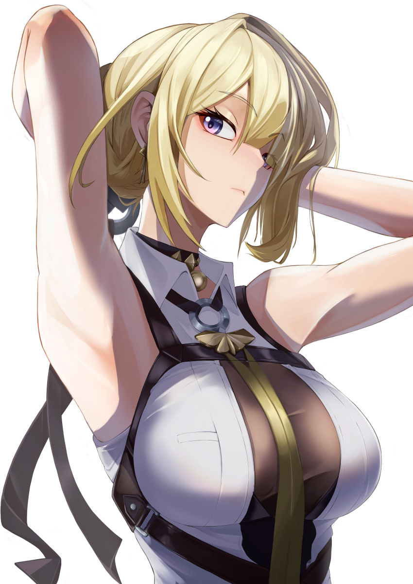 1girl, absurdres, armpits, arms_up, bare_shoulders, black_choker, blonde_hair, breasts, chest_harness, choker, closed_mouth, commentary_request, earrings, evelyn_chevalier, hanyuu08, harness, highres, jewelry, large_breasts, looking_to_the_side, necktie, no_gloves, pendant_choker, purple_eyes, shirt, simple_background, sleeveless, sleeveless_shirt, solo, upper_body, white_background, white_shirt, yellow_necktie, zenless_zone_zero