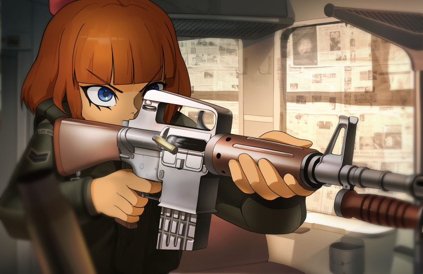 1girl, absurdres, alternate_costume, assault_rifle, bayonet, blue_eyes, blunt_bangs, bow