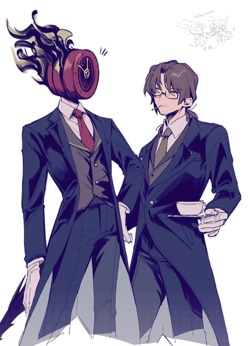 1boy, 1other, black_pants, black_suit, brown_hair, brown_necktie, chinese_commentary, cigarette, collared_shirt, commentary_request, cup, dante_(limbus_company), dngrumauma, formal_clothes, gloves, gregor_(project_moon), highres, holding, holding_plate, limbus_company, looking_at_another, necktie, pants, plate, project_moon, red_necktie, shirt, standing, suit, teacup, white_background, white_gloves, white_shirt, yellow_eyes