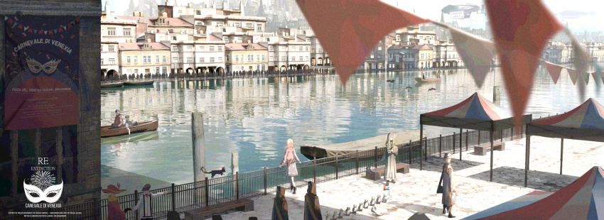 absurdres, boat, building, cat, city, commentary, copyright_name, day