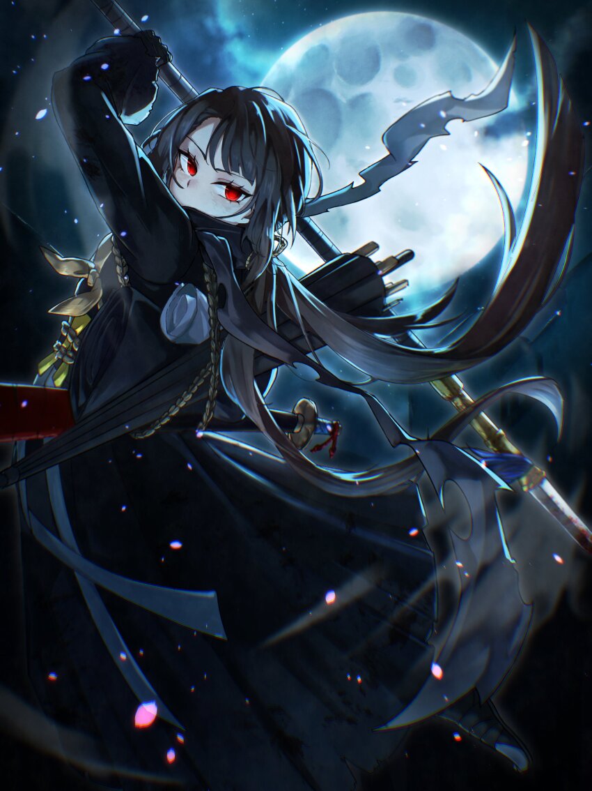 1girl, absurdres, arm_up, black_coat, black_dress, black_hair, coat, commentary_request