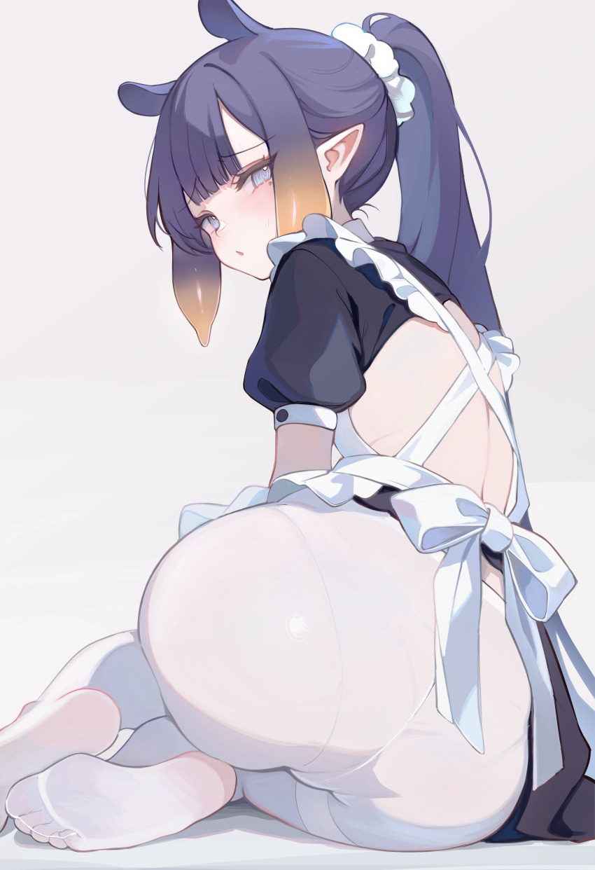 1girl, @_@, absurdres, apron, ass, backless_dress, backless_outfit, black_dress