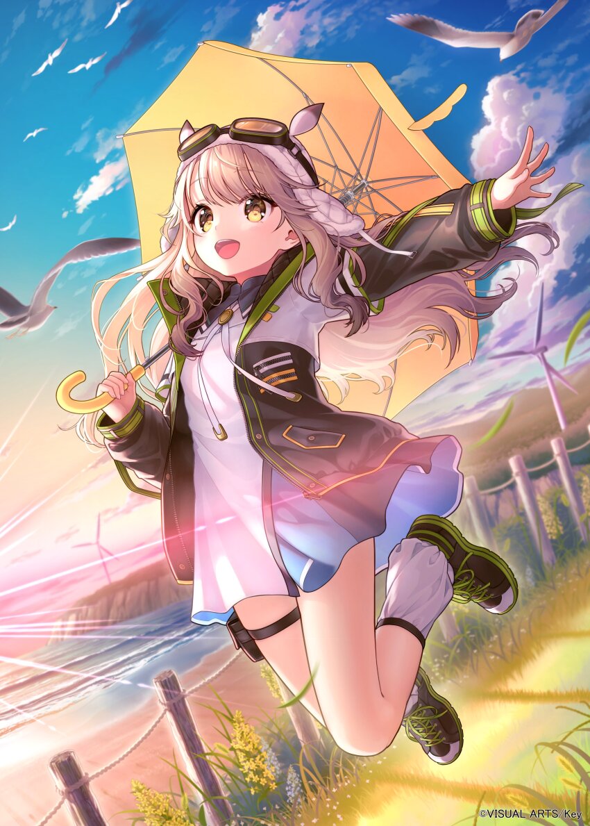 1girl, :d, absurdres, anemoi, beach, bird, black_jacket, black_shoes