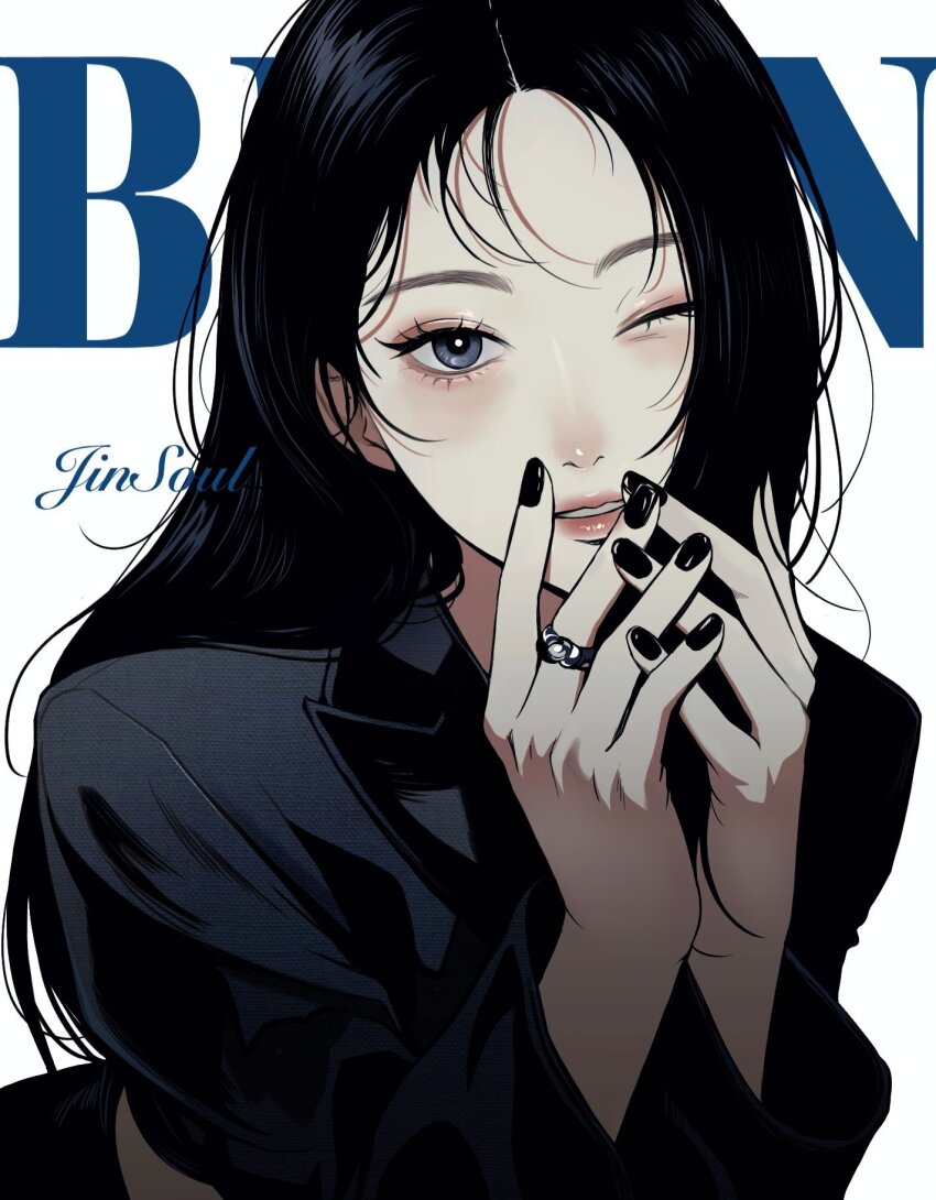 1girl, artist_name_(singer), black_hair, black_jacket, black_nails, commentary, eyeshadow, highres