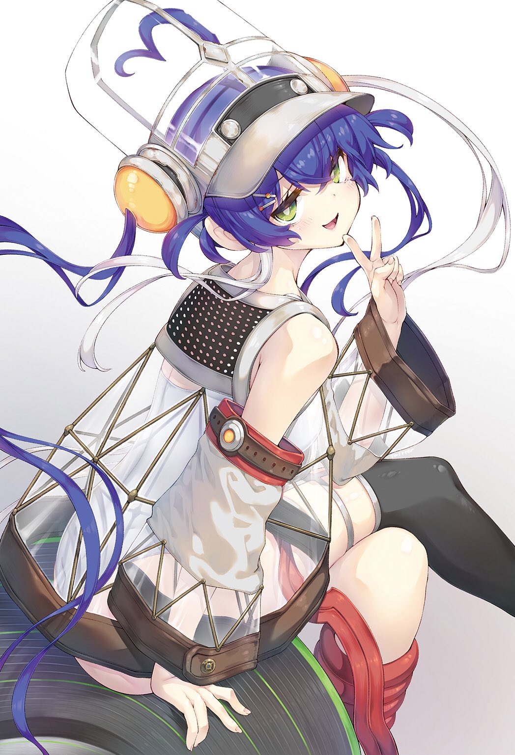 blue_hair, commentary_request, detached_sleeves, dress, duel_monster, green_eyes, hair_between_eyes, hat