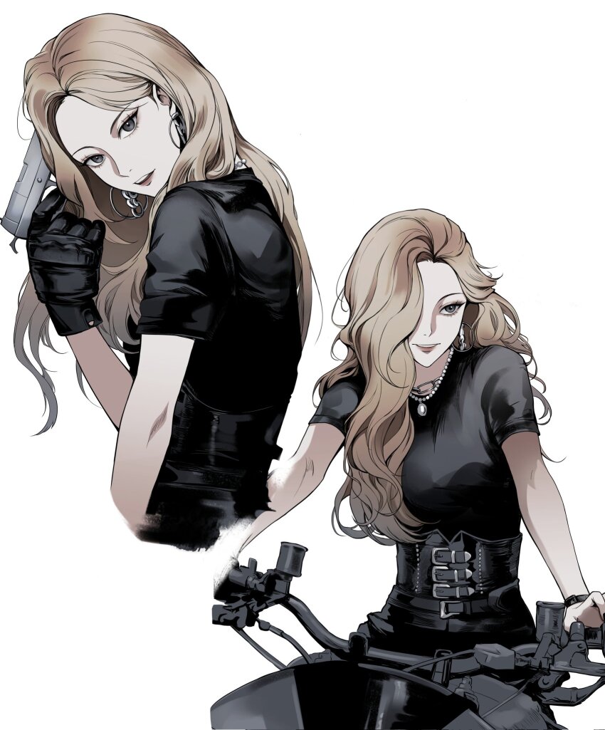 1girl, black_gloves, black_shirt, blonde_hair, corset, earrings, gloves, gun, highres, holding, holding_gun, holding_weapon, jewelry, kim_lip, long_hair, loona_(group), motor_vehicle, motorcycle, multiple_views, shirt, simple_background, smile, t-shirt, weapon, white_background, yori_(yooo_ri)