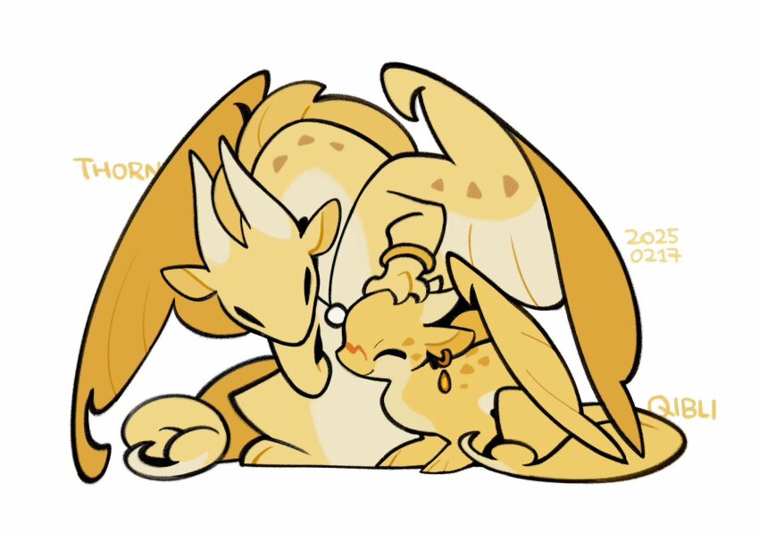^_^, animal_ear_piercing, animal_focus, baby_animal, bracelet, character_name, chibi, chibi_only, closed_eyes, dated, dragon, flat_color, hand_on_another's_head, hashtag-only_commentary, highres, horns, jewelry, necklace, no_humans, qibli, rehtaef, sandwing_(wings_of_fire), simple_background, sitting, thorn_(wings_of_fire), western_dragon, white_background, wings, wings_of_fire