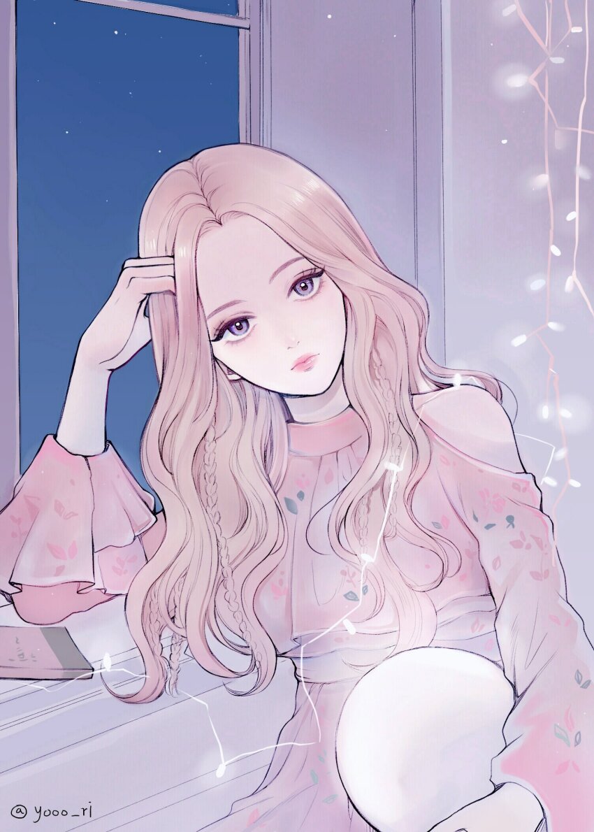 1girl, blonde_hair, braid, closed_mouth, commentary, head_rest, highres, holding