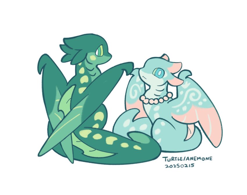 anemone_(wings_of_fire), animal_focus, aqua_eyes, brother_and_sister, character_name, chibi, chibi_only, colored_sclera, dated, dragon, fins, flat_color, from_behind, hashtag-only_commentary, highres, horns, jewelry, looking_at_viewer, looking_back, necklace, no_humans, pearl_necklace, rehtaef, siblings, simple_background, sitting, turtle_(wings_of_fire), western_dragon, white_background, wings, wings_of_fire