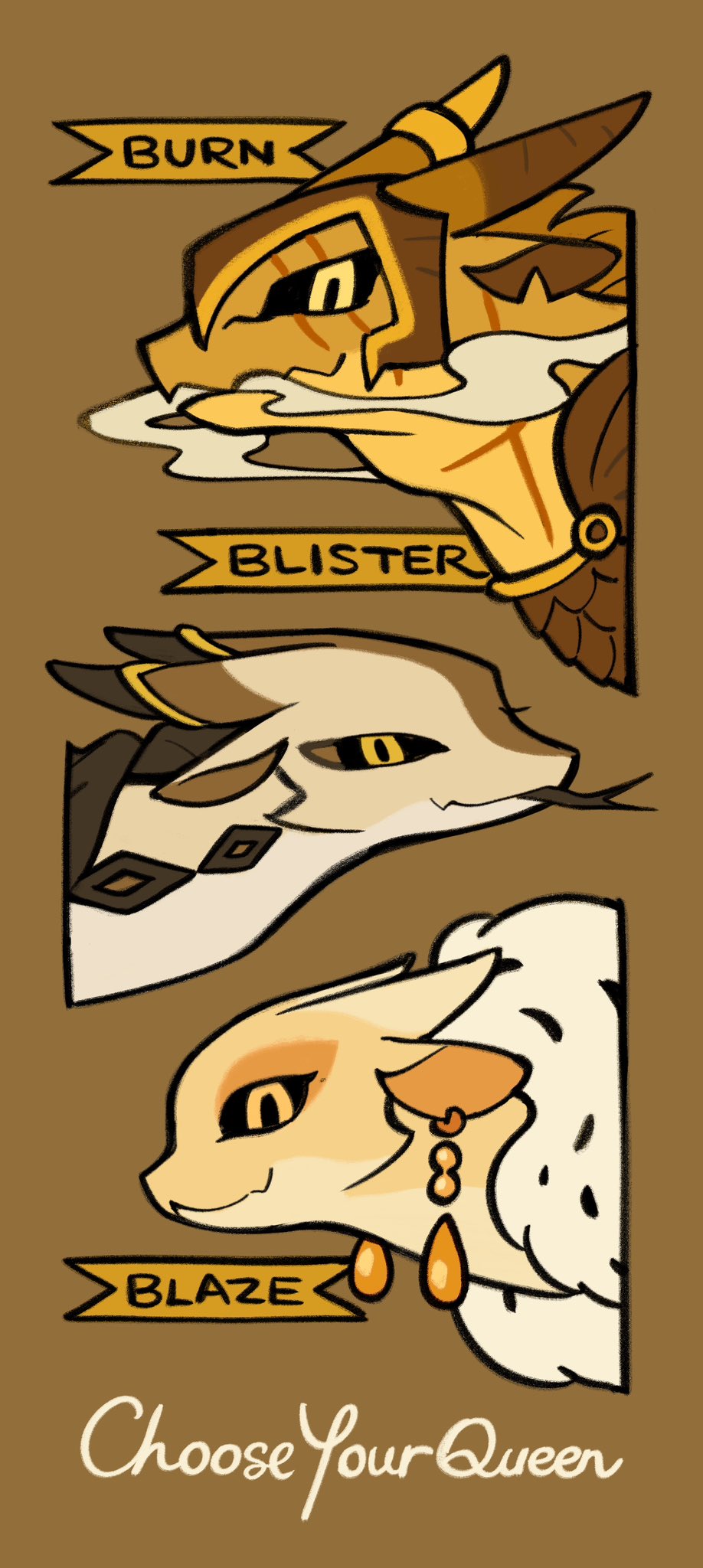 animal, animal_ear_piercing, animal_focus, armor, black_sclera, blaze_(wings_of_fire), blister_(wings_of_fire), brown_background, burn_(wings_of_fire), character_name, clothed_animal, colored_sclera, cropped_head, dragon, english_text, flat_color, from_side, fur_trim, hashtag-only_commentary, helmet, highres, horns, no_humans, profile, rehtaef, sandwing_(wings_of_fire), siblings, simple_background, sisters, smoke, triplets, western_dragon, wings_of_fire, yellow_eyes