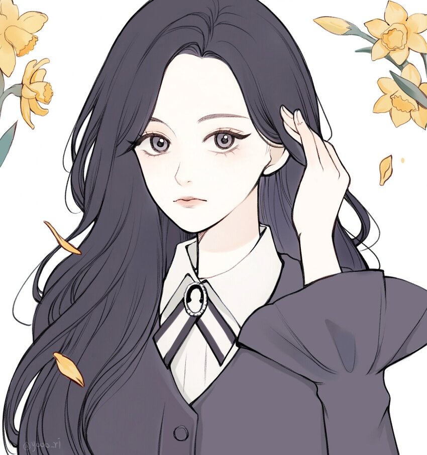 1girl, black_eyeliner, black_hair, closed_mouth, collared_shirt, commentary_request, eyeliner, falling_petals