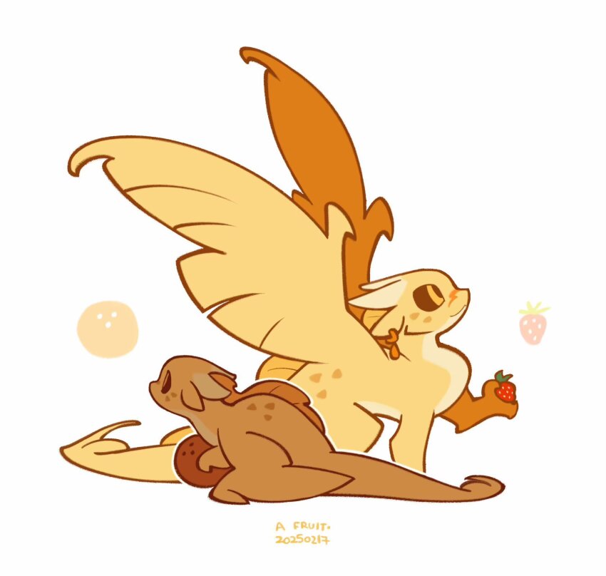 age_comparison, animal_ear_piercing, animal_focus, baby_animal, black_sclera, chibi, chibi_only, coconut, colored_sclera, dragon, dual_persona, flat_color, food, fruit, hashtag-only_commentary, highres, horns, no_humans, qibli, rehtaef, sandwing_(wings_of_fire), scar, scar_on_face, scar_on_nose, simple_background, strawberry, time_paradox, western_dragon, white_background, wings, wings_of_fire, yellow_eyes