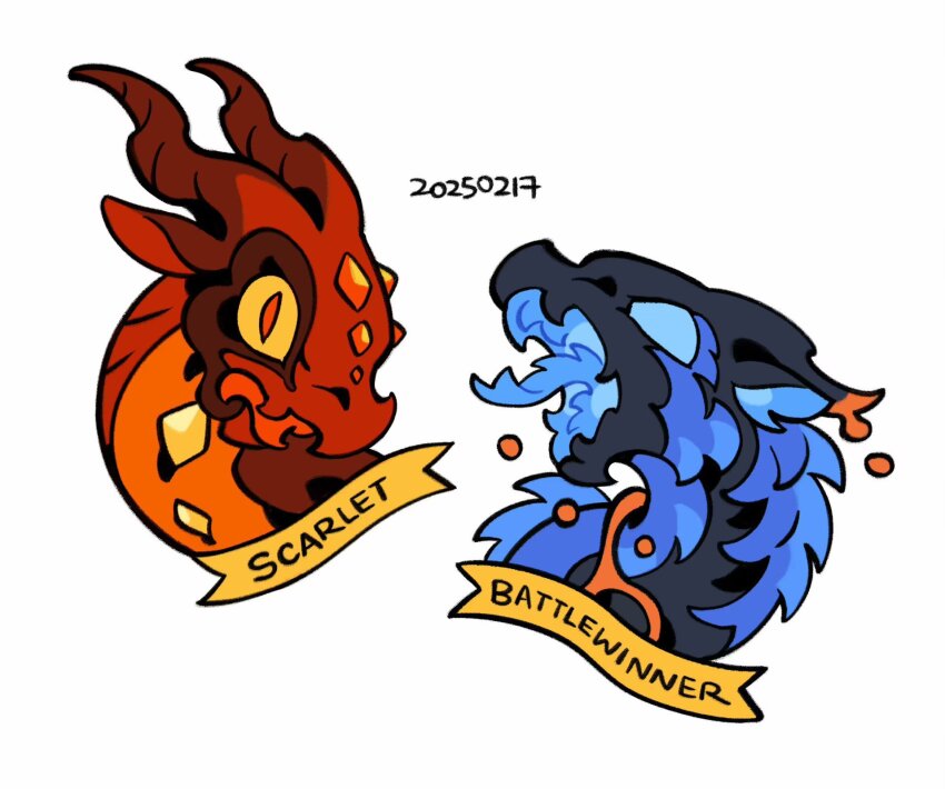 animal_focus, battlewinner, blue_sclera, character_name, colored_sclera, cropped_head, dated, dragon, flat_color, hashtag-only_commentary, highres, horns, monster, monster_focus, nightwing_(wings_of_fire), no_humans, open_mouth, red_eyes, rehtaef, scarlet_(wings_of_fire), simple_background, skywing_(wings_of_fire), slit_pupils, solid_eyes, tongue, western_dragon, white_background, wings_of_fire, yellow_sclera