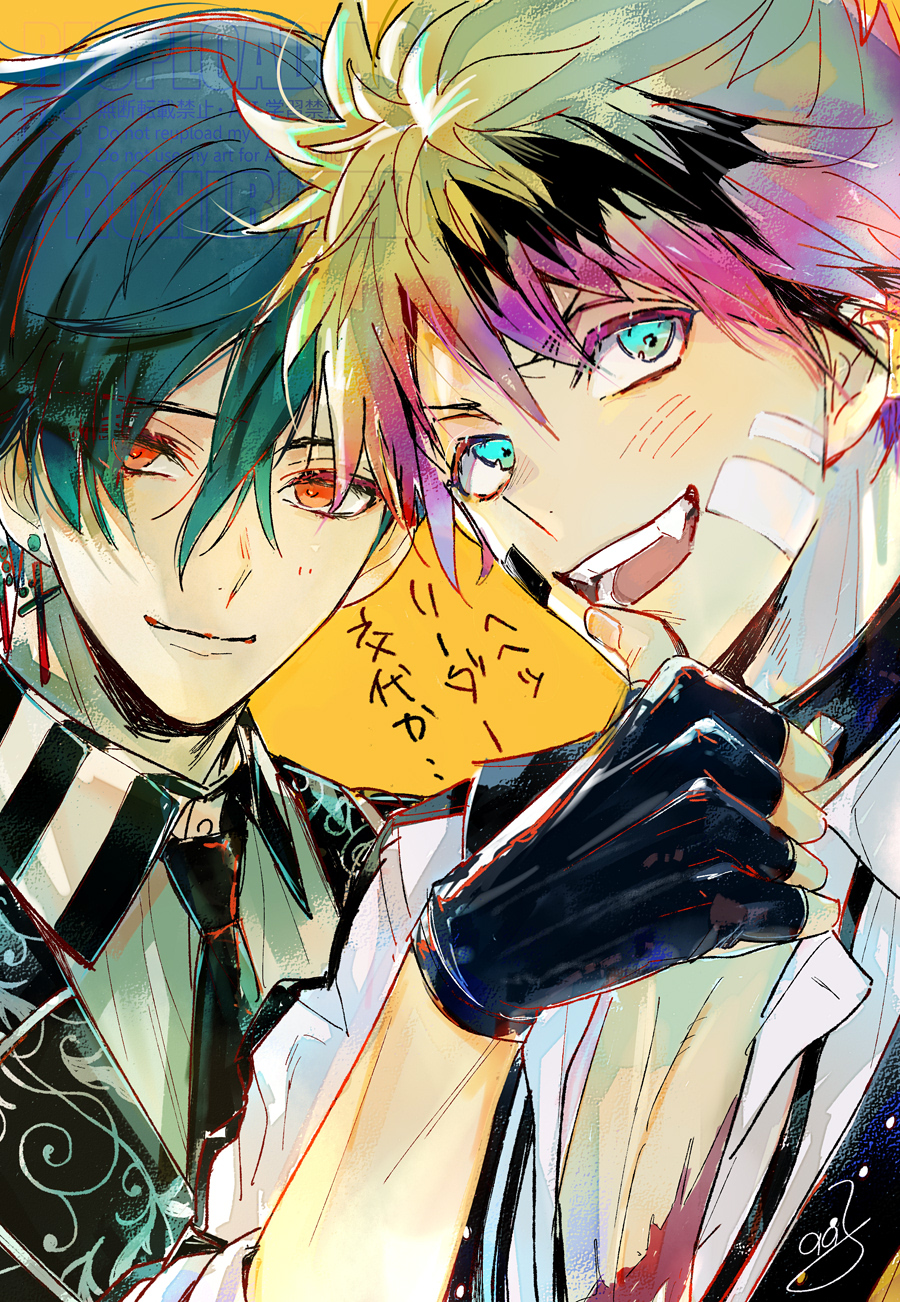 2boys, akuma_shitsuji_to_kuroi_neko, aqua_hair, bandage_on_cheek, black_collar, black_gloves, black_streaks, black_vest