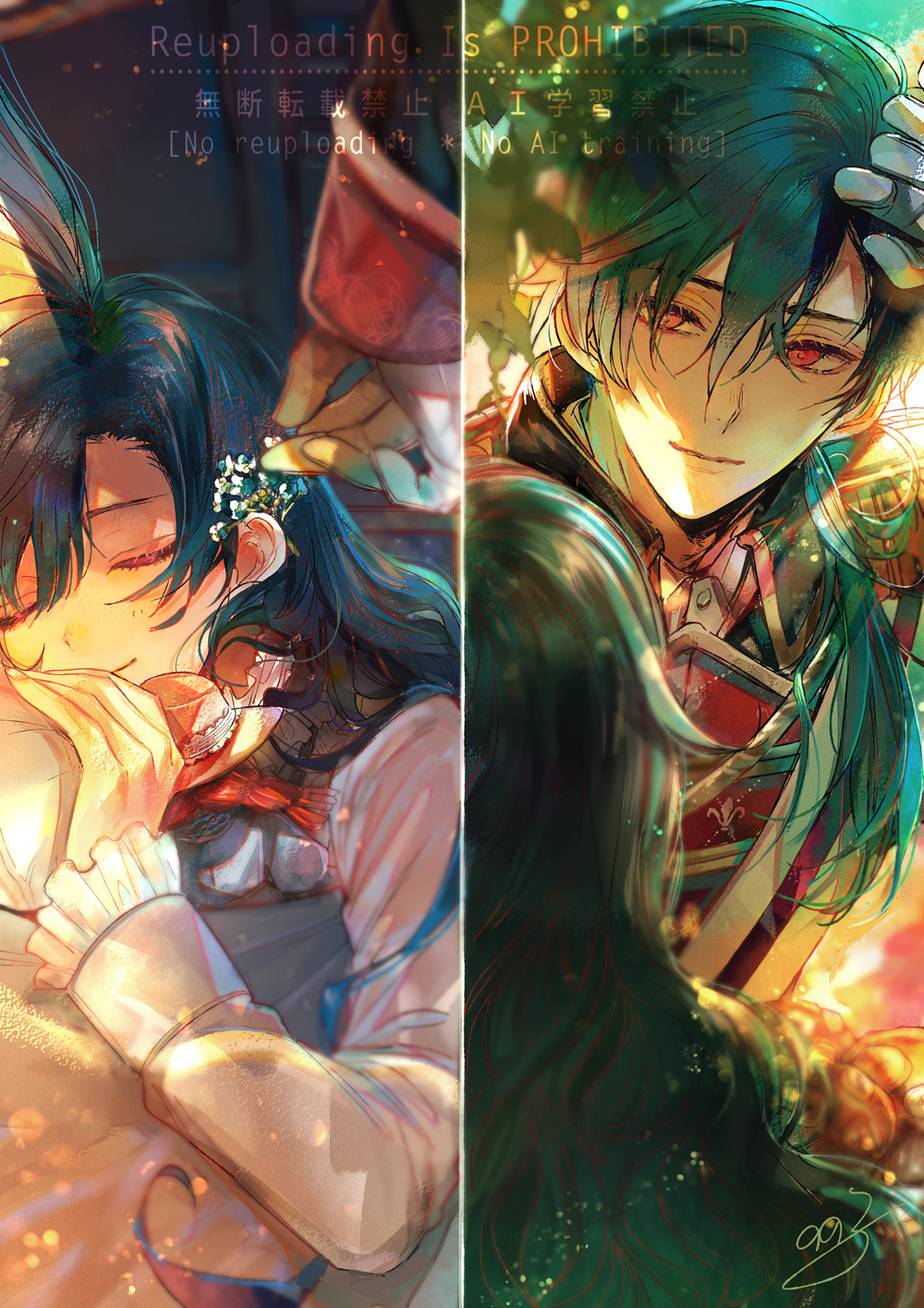 1boy, 1girl, akuma_shitsuji_to_kuroi_neko, aqua_hair, arm_up, bed_sheet, blue_hair, blue_sky