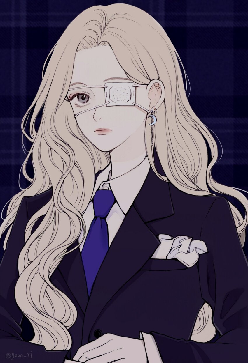 1girl, black_eyeliner, black_jacket, blonde_hair, blue_necktie, closed_mouth, collared_shirt, commentary_request