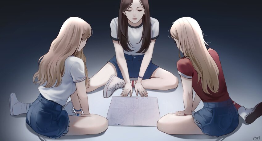 3girls, back, blonde_hair, blue_shorts, brown_hair, choerry, closed_mouth, commentary