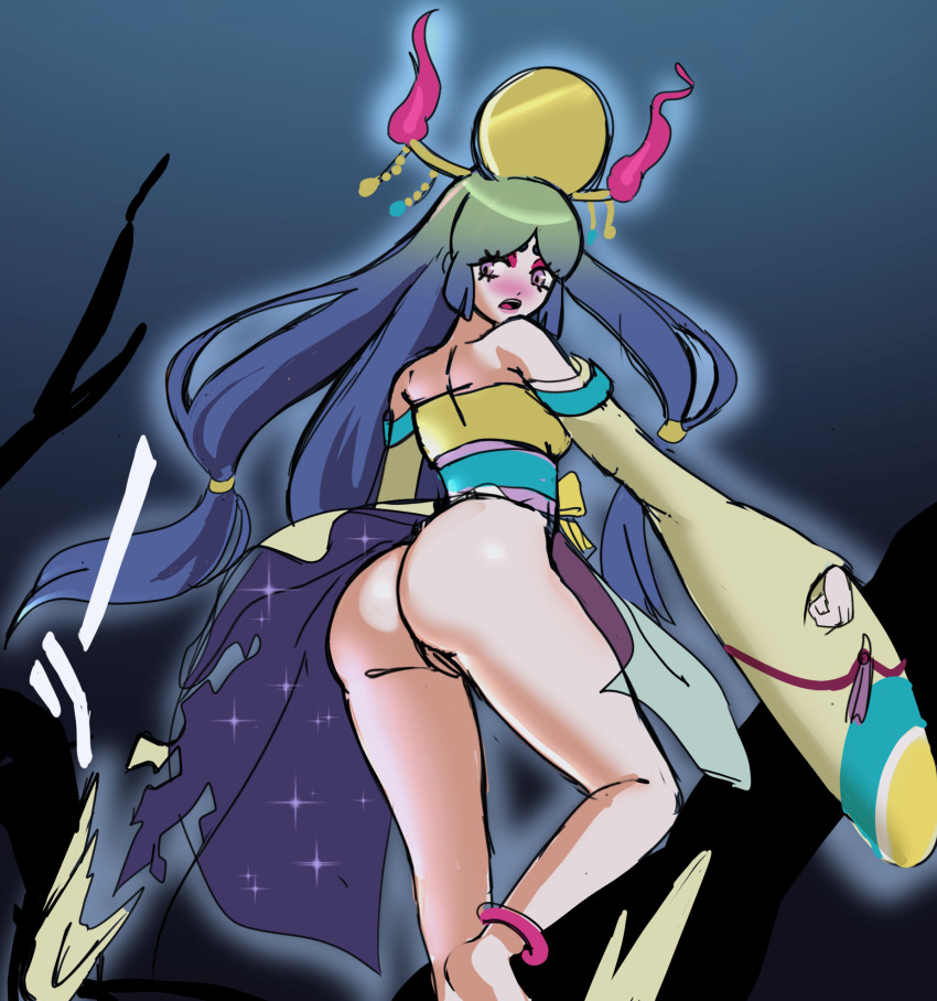 1girl, ass, bare_shoulders, blue_eyes, blue_hair, bottomless, butt_crack, detached_sleeves, gesshin_tsukuyomi, gluteal_fold, highres, long_hair, looking_back, solo, sunbeam_(artist), wardrobe_malfunction, youkai_watch