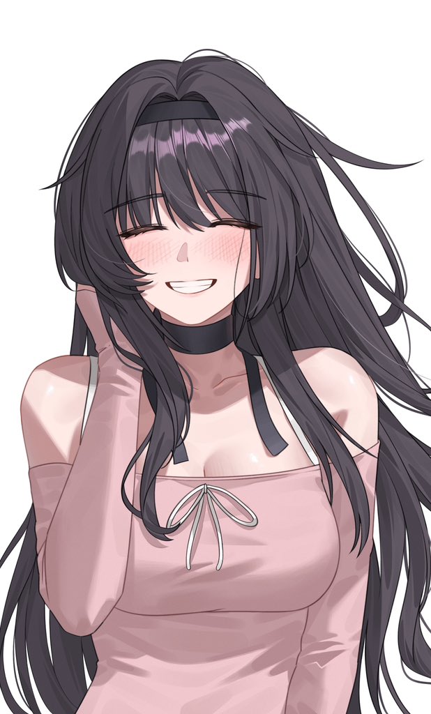 1girl, bare_shoulders, black_choker, black_hair, black_hairband, breasts, choker, closed_eyes