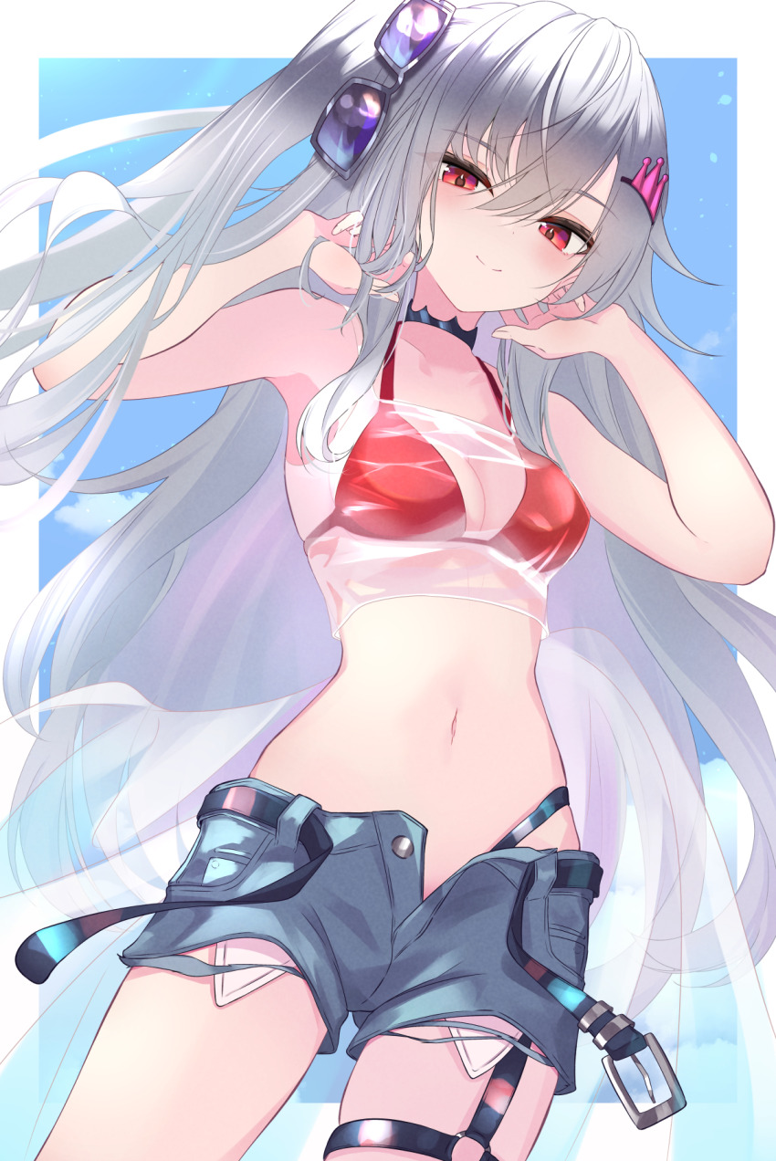 1girl, belt, bikini, breasts, commentary_request, crown_hair_ornament, grey_hair, hair_ornament