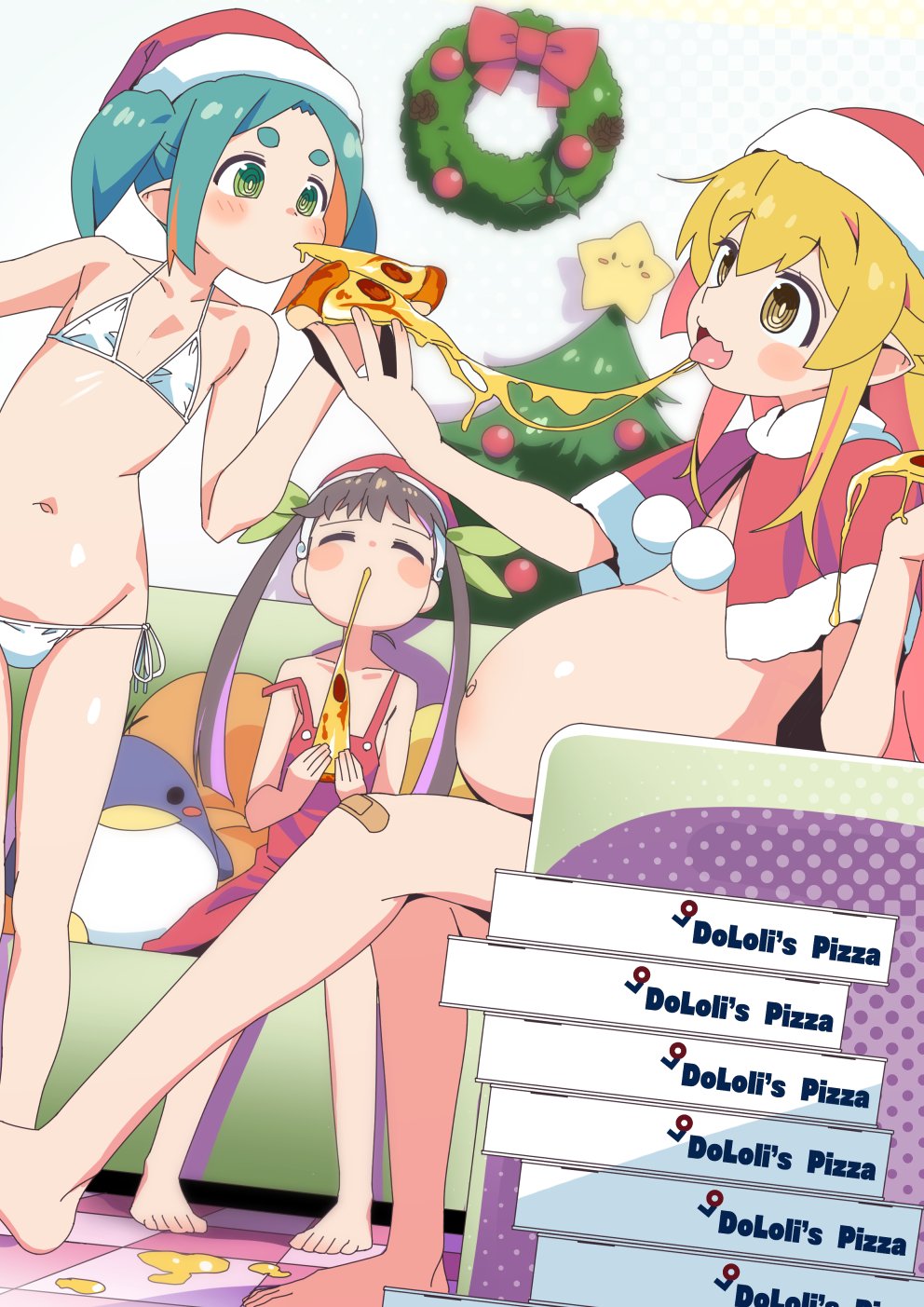 3girls, barefoot, belly, big_belly, bikini, blonde_hair, christmas, christmas_tree, eating, feet, food, gesugesu_ahoaho, hachikuji_mayoi, hat, highres, indoors, loli, micro_bikini, monogatari_(series), multiple_girls, navel, ononoki_yotsugi, oshino_shinobu, pizza, pizza_slice, santa_cape, santa_costume, santa_hat, side-tie_bikini_bottom, standing, stomach, swimsuit, toes, white_bikini