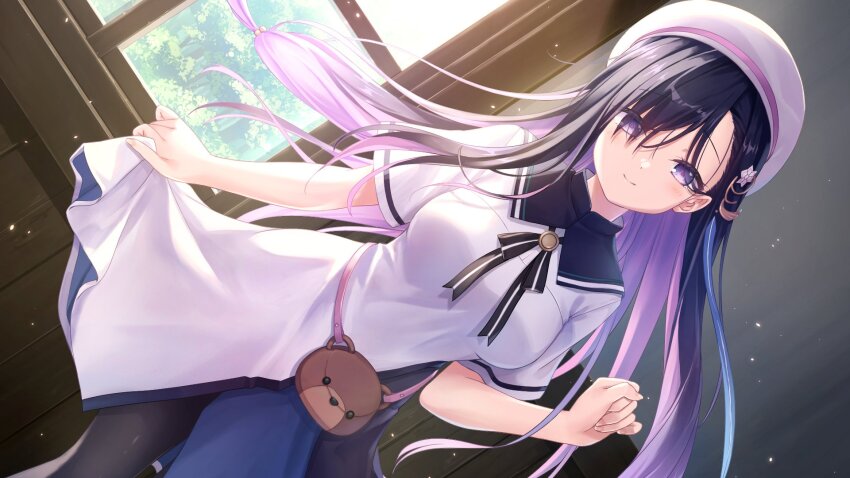 1girl, anemoi, animal_print, backlighting, bag, bear_print, beret, black_hair