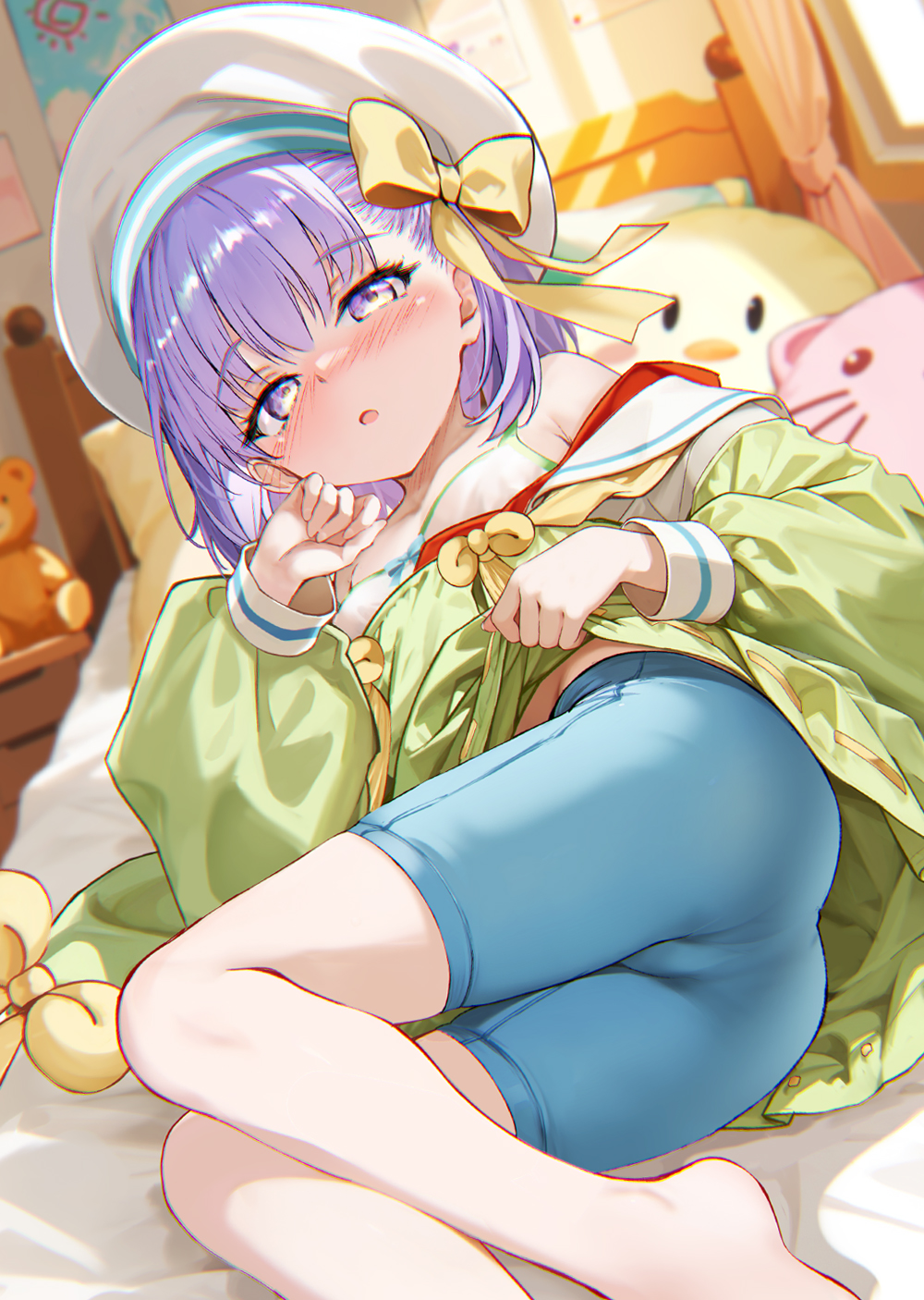 1girl, ass, bare_shoulders, bed, blue_shorts, blush, bow, bra, breasts, clothes_pull, commentary_request, fate/grand_order, fate_(series), green_kimono, hair_bow, hat, highres, hitsujibane_shinobu, japanese_clothes, kazuradrop_(fate), kazuradrop_(first_ascension)_(fate), kimono, long_sleeves, looking_at_viewer, lying, off_shoulder, on_bed, on_side, open_mouth, purple_eyes, purple_hair, sailor_collar, short_hair, short_kimono, shorts, small_breasts, solo, stuffed_toy, tassel, thighs, underwear, white_bra, white_hat, white_sailor_collar, wide_sleeves, yellow_bow