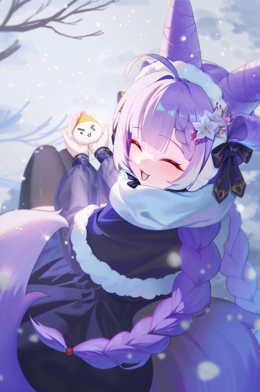 1girl, :d, ^_^, absurdres, ahoge, black_bow, black_thighhighs, bow