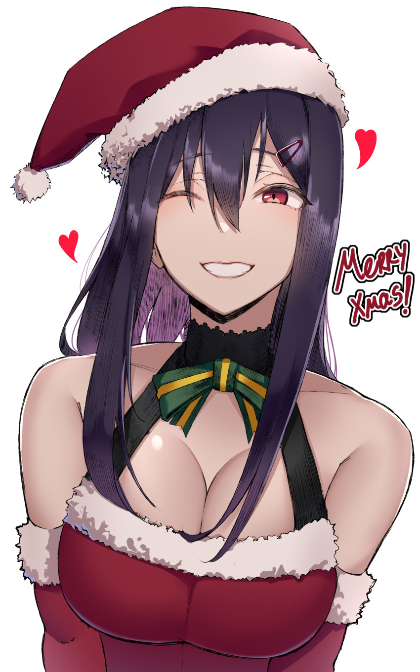 1girl, absurdres, bare_shoulders, bow, bowtie, breasts, christmas, cleavage