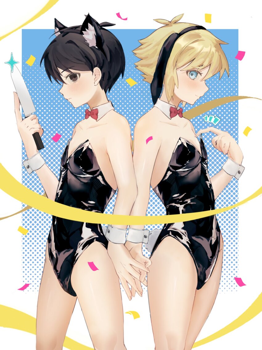 2boys, animal_ear_hairband, animal_ears, antenna_hair, bare_shoulders, basil_(faraway)_(omori), basil_(omori), black_eyes, black_hair, black_hairband, black_leotard, blonde_hair, blue_eyes, bow, bowtie, cat_ear_hairband, cat_ears, closed_mouth, collarbone, confetti, crossdressing, crossdressing_(mtf), fake_animal_ears, hairband, highres, holding, holding_knife, knife, leotard, looking_at_viewer, male_focus, multiple_boys, o3o2sao, omori, rabbit_ear_hairband, rabbit_ears, rabbit_tail, red_bow, red_bowtie, shiny_clothes, short_hair, sidelocks, sunny_(omori), tail, white_wrist_cuffs, wrist_cuffs