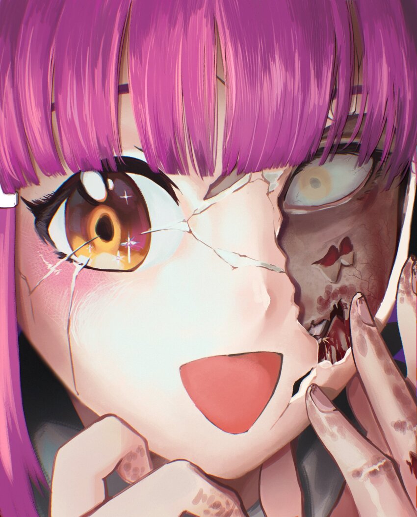 1girl, alyerve, blood, blood_on_face, blunt_bangs, bruise_on_hand, commentary, cracked_kawaii_mask