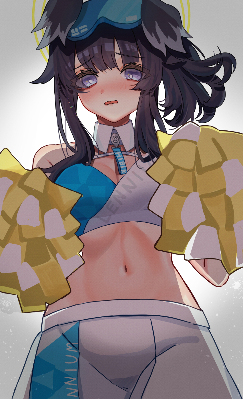 1girl, absurdres, animal_ears, black_hair, blue_archive, blush, cheerleader, commentary_request
