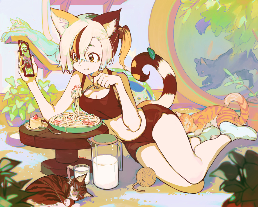 1girl, animal, animal_ears, blonde_hair, bowl, cake, cat, cat_ears