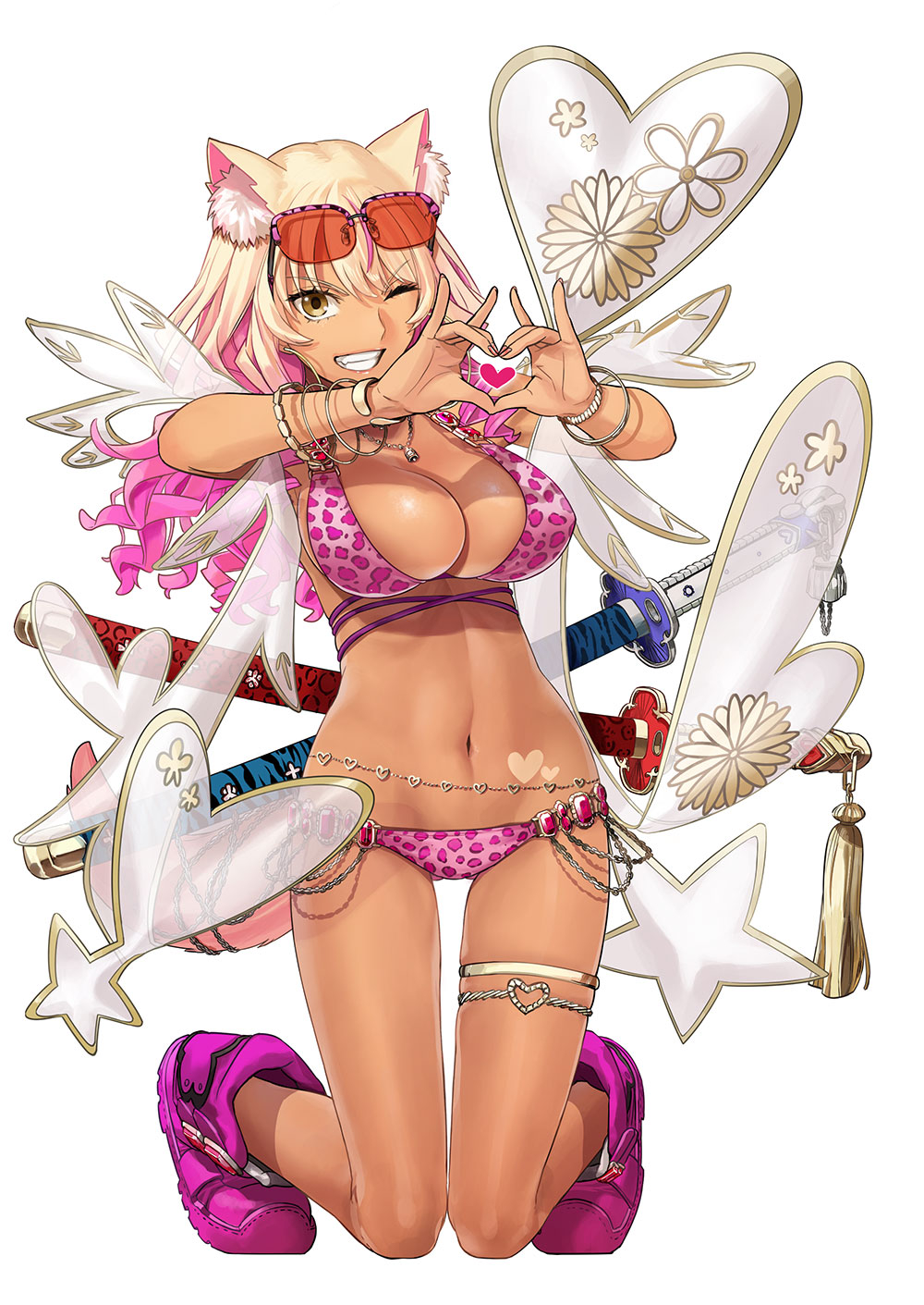 1girl, animal_ears, animal_print, bare_shoulders, belly_chain, bikini, blonde_hair, boots, bracelet, breasts, cleavage, collarbone, commentary_request, daitouren_(fate), dark-skinned_female, dark_skin, eyewear_on_head, fate/grand_order, fate_(series), fox_ears, fox_girl, fox_tail, gradient_hair, grin, gyaru, halterneck, heart, heart_hands, highres, jewelry, katana, kneeling, large_breasts, leopard_print, leopard_print_bikini, long_hair, looking_at_viewer, multicolored_hair, navel, necklace, official_artist_extra, one_eye_closed, pink_bikini, pink_hair, print_bikini, shoutouren_(fate), sidelocks, smile, solo, sunglasses, suzuka_gozen_(fate), suzuka_gozen_(swimsuit_rider)_(fate), suzuka_gozen_(swimsuit_rider)_(second_ascension)_(fate), swimsuit, sword, tail, takenoko_seijin, tan, thighlet, thighs, weapon, yellow_eyes