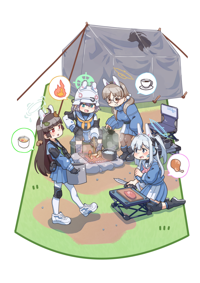 4girls, akaimame, blue_archive, campfire, camping, camping_chair, chair, chicken_(food)