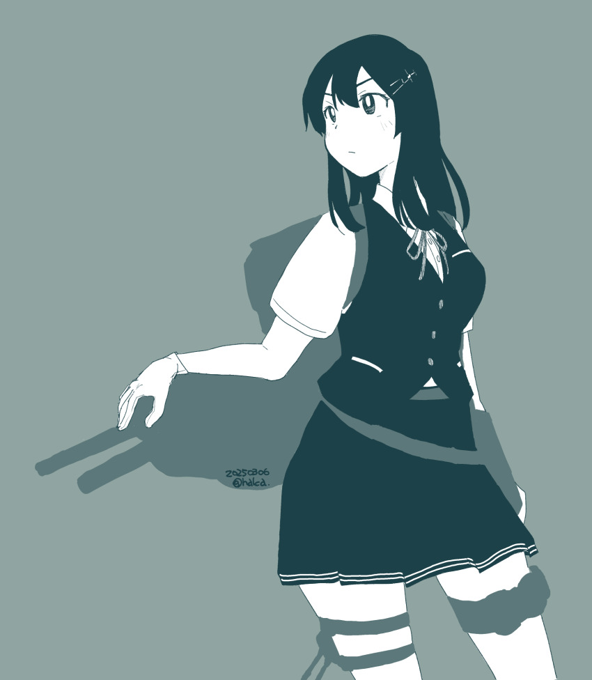 1girl, breasts, commentary_request, dated, gloves, greyscale, hair_between_eyes, hair_ornament