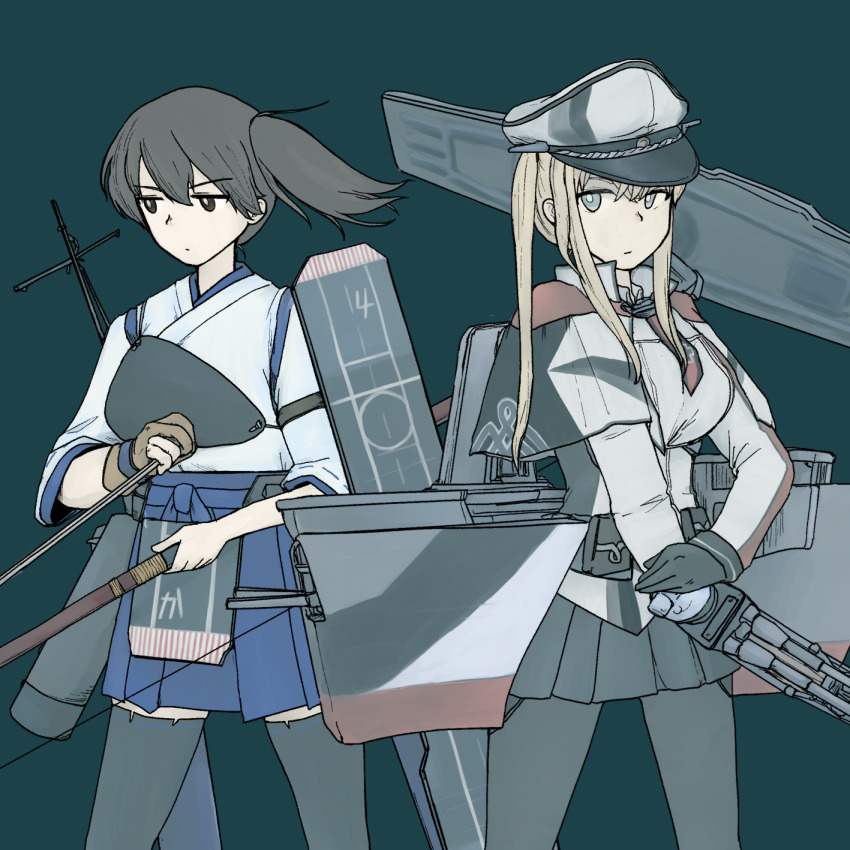 2girls, black_eyes, black_gloves, black_pantyhose, black_skirt, black_thighhighs, blonde_hair, blue_eyes