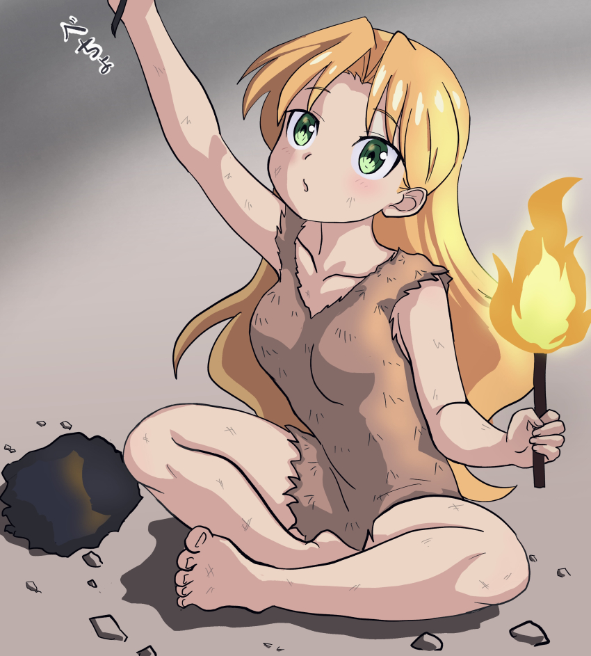 1girl, :o, absurdres, barefoot, blonde_hair, braid, breasts, caveman, collarbone, commentary_request, fire, green_eyes, grey_background, highres, holding, holding_torch, long_hair, looking_up, masasim, medium_breasts, petite, ruri_no_houseki, single_braid, sitting, solo, tanigawa_ruri, torch, translation_request