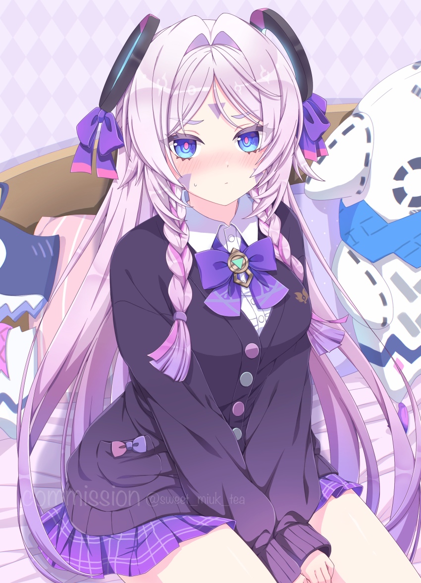 1girl, absurdres, alternate_costume, black_cardigan, blue_bow, blue_eyes, blush, bow