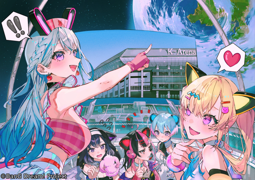 !, 5girls, ahoge, animal_ears, bandeau, bang_dream!, bang_dream!_mugendai_mewtype, black_gloves, black_hair, blonde_hair, blue_choker, blue_hair, bracelet, braid, breasts, cat_hair_ornament, choker, cleavage, commentary_request, earrings, earth_(planet), fake_animal_ears, fingerless_gloves, fuji_miyako, gloves, grey_hair, guest_art, hair_ornament, hairclip, heart, index_finger_raised, jewelry, k-arena_yokohama, large_breasts, long_hair, minetsuki_ritsu, miyanaga_nonoka, mugendai_mewtype, multicolored_hair, multiple_girls, mura_karuki, nakamachi_arale, official_art, open_mouth, pink_gloves, pink_hair, planet, purple_eyes, sengoku_yuno, short_hair, spoken_exclamation_mark, spoken_heart, sweatdrop, twintails, two-tone_hair, virtual_youtuber