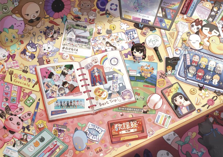 absurdly_detailed_composition, ange_katrina, annotation_request, artist_name, ball, banken_(inui_toko), baseball_(object), bento, book, cassette_tape, cellphone, character_charm, character_doll, character_request, charm_(object), commentary, desk, deskmat, doll, elira_pendora, emoji, enna_alouette, everyone, fushimi_gaku, glowstick, gonzalez_(machita_chima), hair_ornament, hakase_fuyuki, hebel_ishida, highres, hyakumantenbara_salome, ibrahim_(1st_costume)_(nijisanji), ibrahim_(nijisanji), jk_gumi_(nijisanji), johnny_nosleever, kagami_hayato, kagami_hayato_(1st_costume), kuzuha_(nijisanji), leos_vincent, leos_vincent_(1st_costume), lize_helesta, lize_helesta_(1st_costume), maimoto_keisuke, mameneko_(leos_vincent), maracas_ghost, maria_marionette, meshers_(nijisanji), nazono_mito, nijisanji, nijisanji_en, nijisanji_gta, nijisanji_id, nijisanji_idol_uniform, nijisanji_koshien, nijisanji_kr, no_humans, nornis, object_focus, open_book, partially_annotated, penlight_(glowstick), phone, photo_(object), polaroid_photo, poster_(object), sasaki_saku, sasaki_saku_(1st_costume), scrapbook, sebastian_piyodore, seffyna, sita_sita, slippers, smartphone, sticker, stomach-kun_(sukoya_kana), suzuhara_lulu, thumbs_up, translation_request, tsukino_mito, twitter_username, unworn_hair_ornament, v, virtual_youtuber, watermark